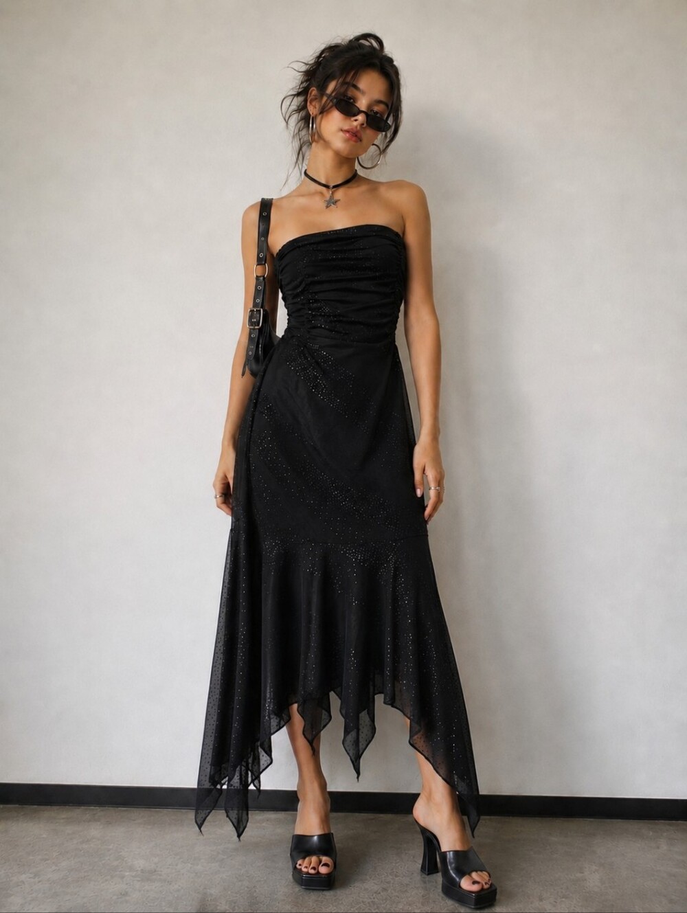 Vintage 90s Fairweather Strapless Chiffon Dress Size M Ruched Bodice Midi Y2K